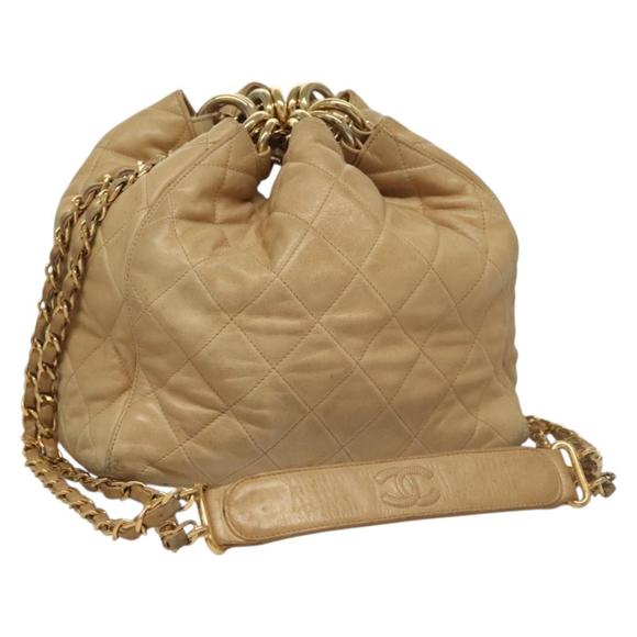 CHANEL Matelasse Chain Shoulder Bag Lamb Skin Beige Gold CC Auth BA4158 - Picture 1 of 16